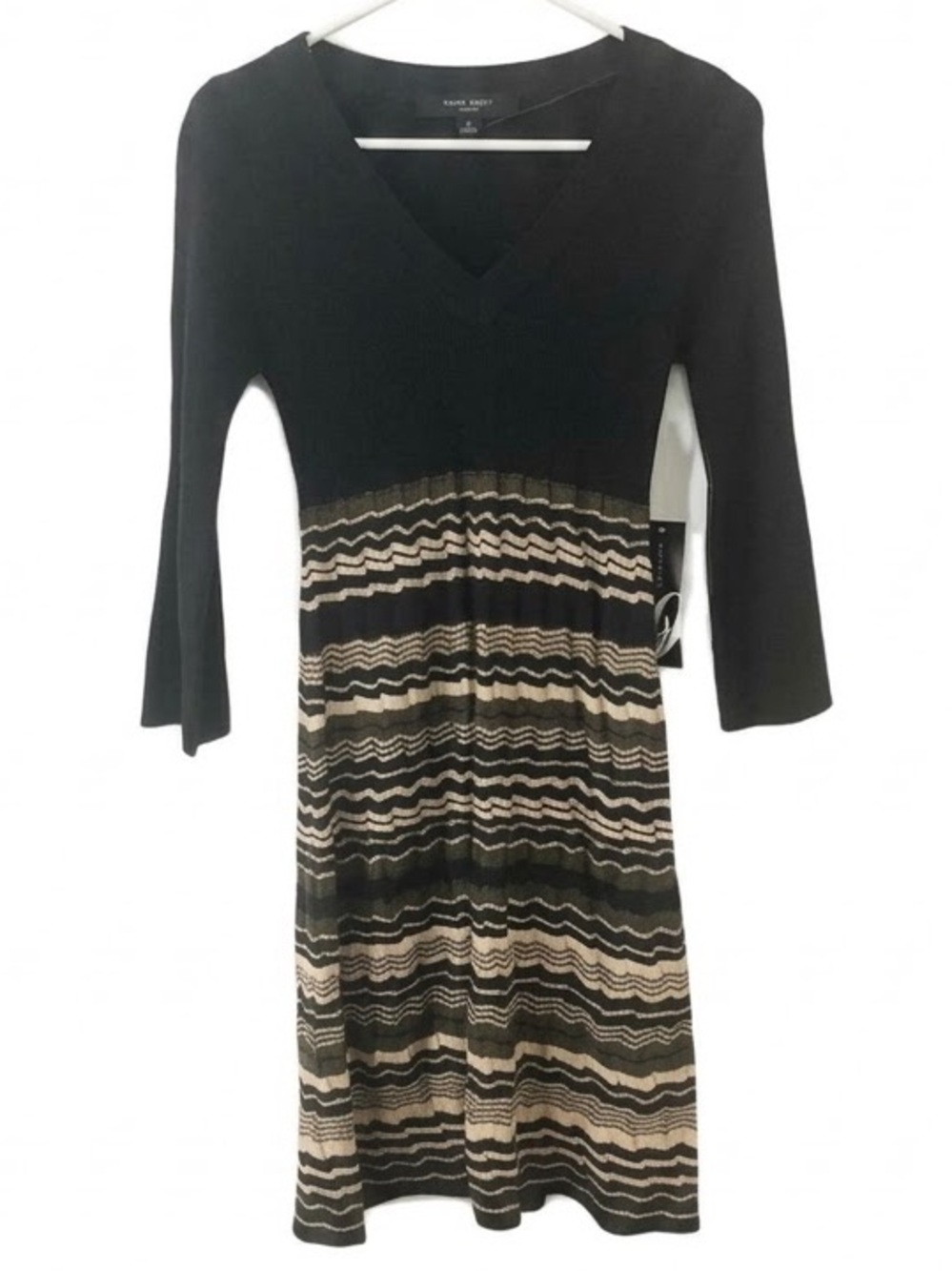 NWT Nine West Ribbed Knit Striped V-Neck Bell Sleeve Sweater Dress Size Small